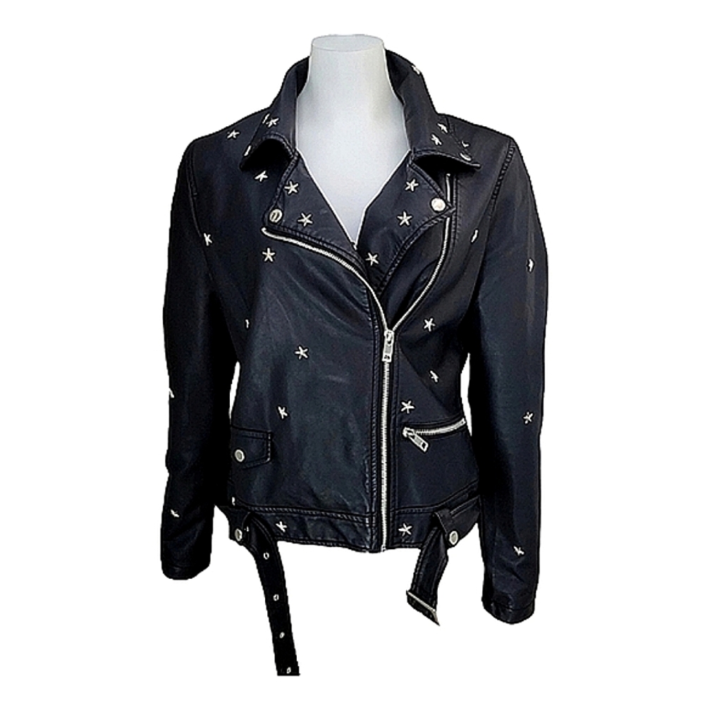 Max Edition Jacket Star Black Vegan Leather Full Zip Moto Jacket sz S